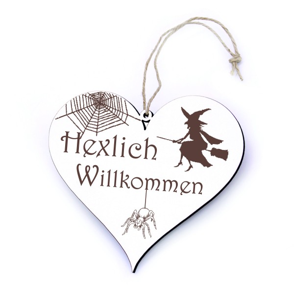Herz Schild Hexlich Willkommem - Türschild mit Motiv Hexe Spinne Spinnennetz 13 x 12