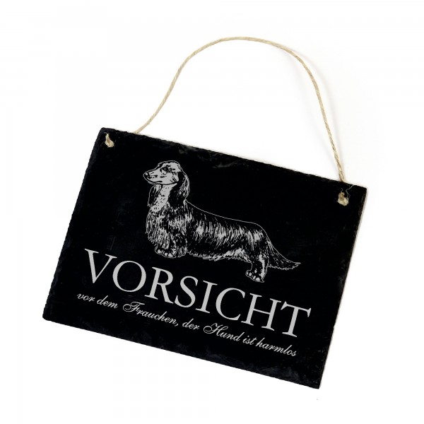 Hundeschild Langhaar Dackel Schild aus Schiefer - Vorsicht vor dem Frauchen - 22cm x 16cm