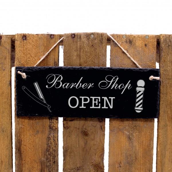 Schiefertafel Barber Shop - Open - Schild 22x8 cm wetterfest