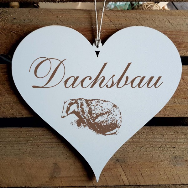 Shabby Herz Schild « DACHSBAU » mit Motiv Dachs