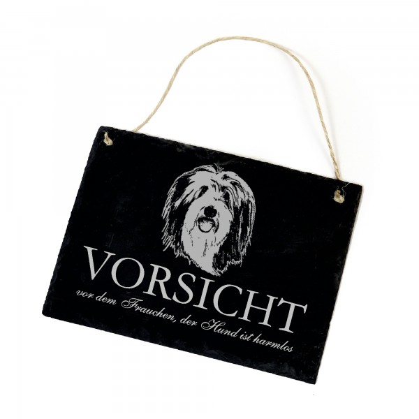 Hundeschild Bearded Collie Schild aus Schiefer - Vorsicht vor dem Frauchen - 22cm x 16cm