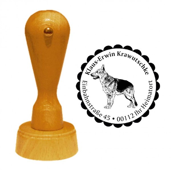 Adressstempel Deutscher Schäferhund - Holzstempel personalisiert mit Adresse - Ø 40 mm