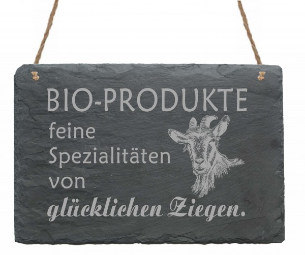 Schiefertafel « Bio Produkte - feine Spezialitäten von glücklichen Ziegen » Schild 22 x 16 cm
