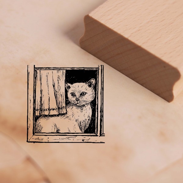 Motivstempel Katze am Fenster mit Gardine - Stempel Holzstempel 48 x 48 mm