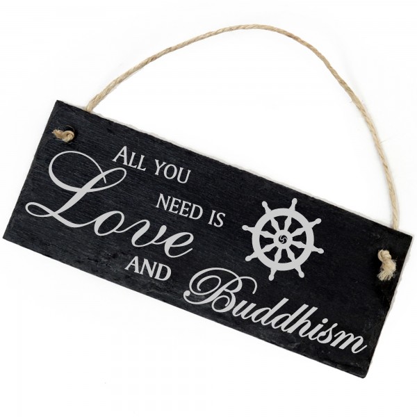 Schiefertafel Deko Buddhismusrad Schild 22 x 8 cm - All you need is Love and Buddhism