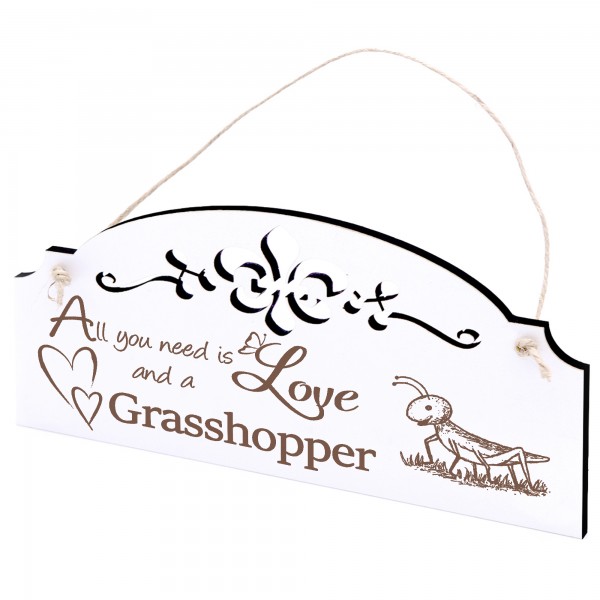 Schild niedlicher Grashüpfer Deko 20x10cm - All you need is Love and a Grasshopper - Holz