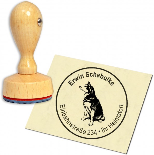 Stempel Adressstempel Holzstempel - sitzender Siberian Husky - rund 40mm