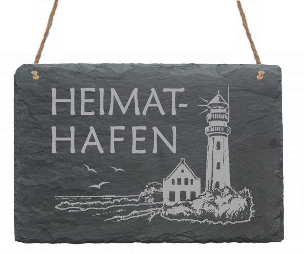 Schild « Heimathafen » Leuchtturm Möwen Meer Haus - 22 x 16 cm - aus Schiefer