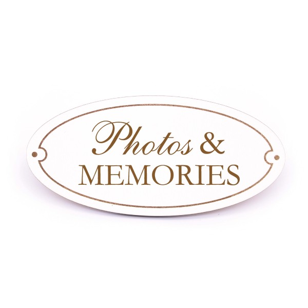Photos & Memories Schild Holz weiß graviert oval selbstklebend Erinnerungen Vintage Deko 15 x 7 cm