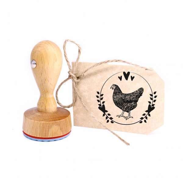 Stempel Huhn mit Herzen Vintage Kranz - Rundstempel Eierstempel - 39x35 mm