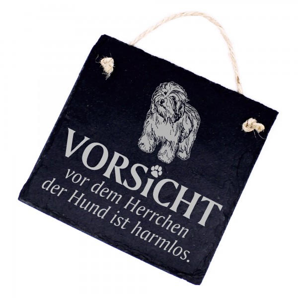 Hundeschild Polski Owczarek Nizinny Schild aus Schiefer - Vorsicht vor dem Herrchen - 11cm x 11cm