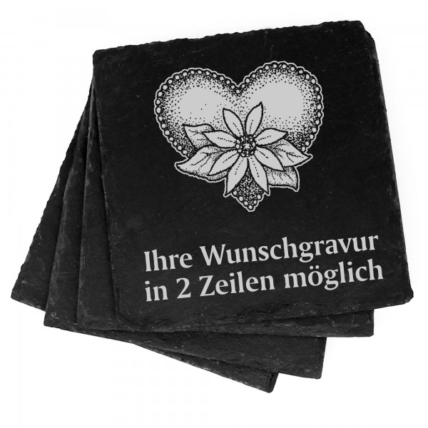 4x Herz mit Blume Deko Schiefer Untersetzer Wunschgravur Set - 11 x 11 cm
