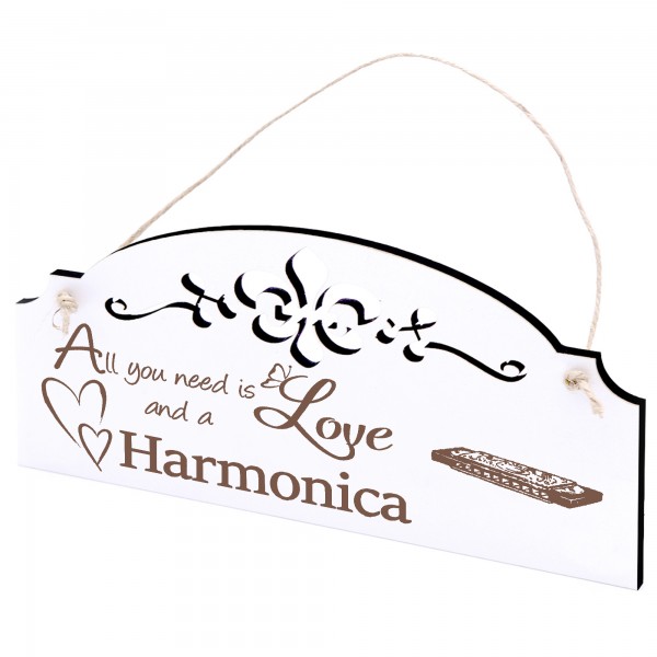 Schild Mundharmonika Deko 20x10cm - All you need is Love and a Harmonica - Holz