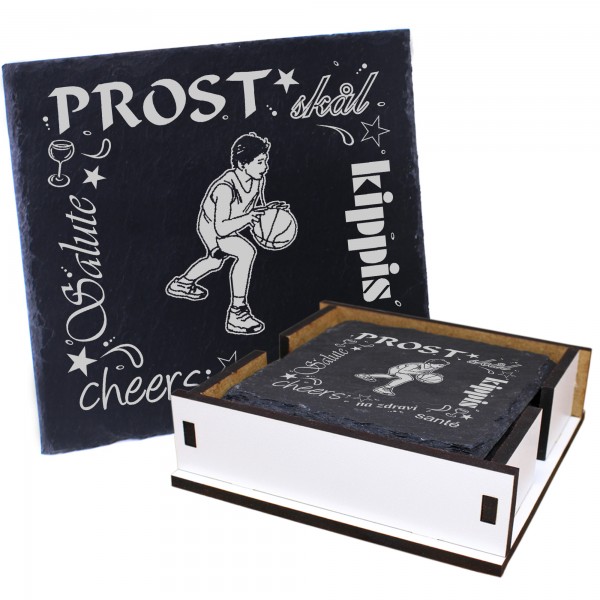 5 x Schiefer Untersetzer - Prost Basketballspieler - inkl. Holzbox & Flaschenuntersetzer