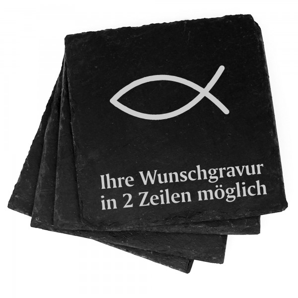 4x Christenfisch Deko Schiefer Untersetzer Wunschgravur Set - 11 x 11 cm