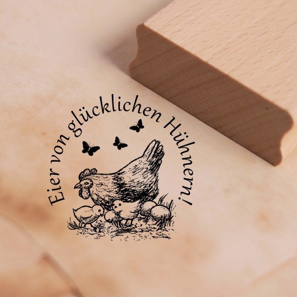 Motivstempel Eier von glücklichen Hühnern - Huhn mit Küken Stempel 38 x 38 mm