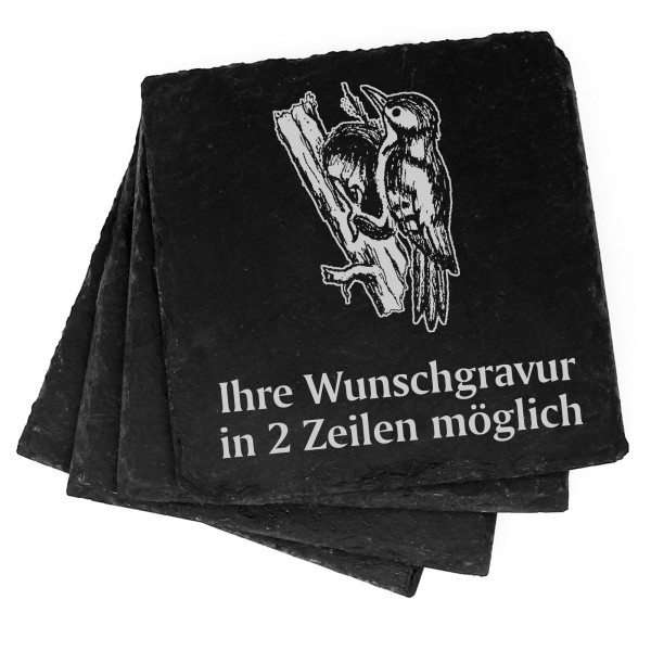 4x Specht Deko Schiefer Untersetzer Wunschgravur Set - 11 x 11 cm