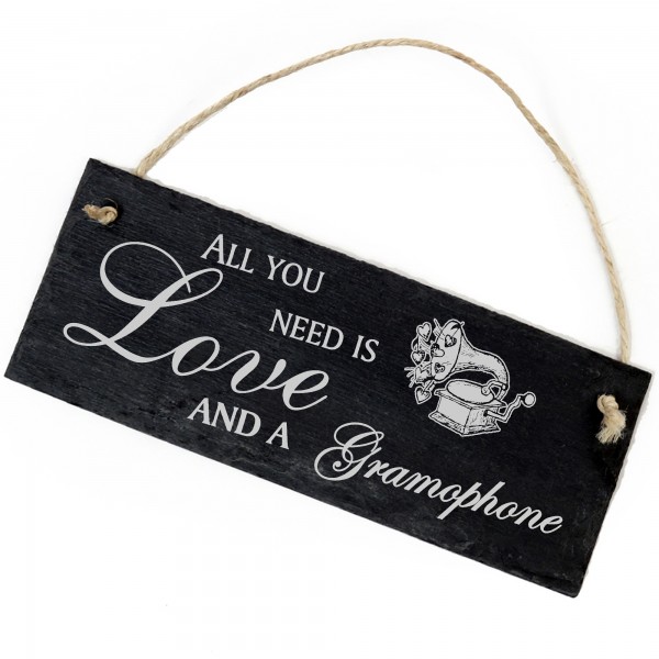 Schiefertafel Deko Grammophon mit Herzen Schild 22 x 8 cm - All you need is Love and a Gramophone