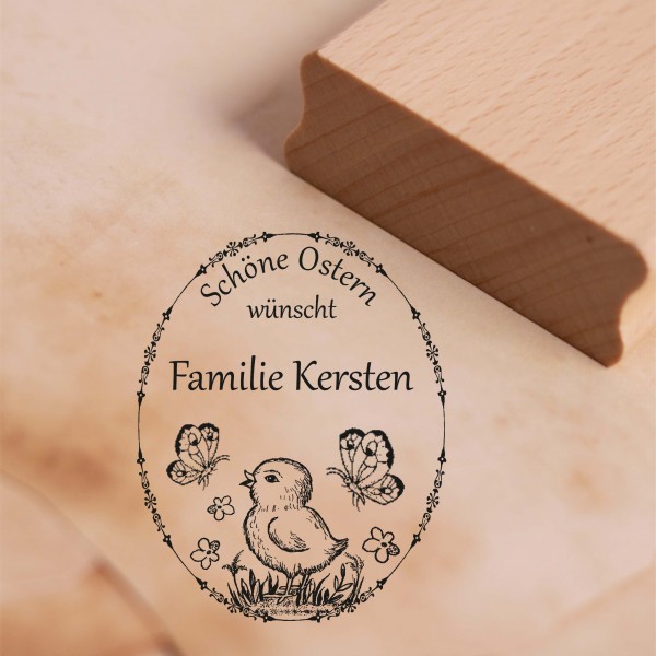 Motivstempel Schöne Ostern wünscht - personalisiert mit Name - Osterei mit Küken Stempel 38 x 48 mm