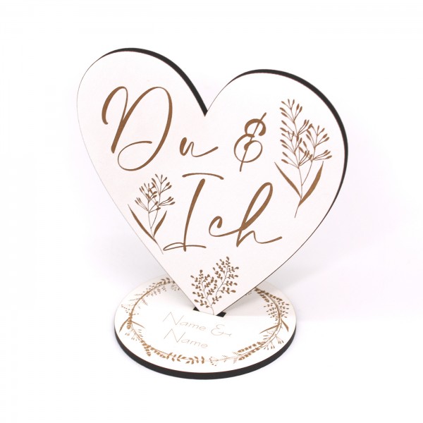 Dekoaufsteller Herz Du & Ich - Schild für Hochzeit mit Namen und Gräser Motiv 17x18cm