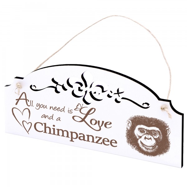 Schild Affe Schimpanse Kopf Deko 20x10cm - All you need is Love and a Chimpanzee - Holz