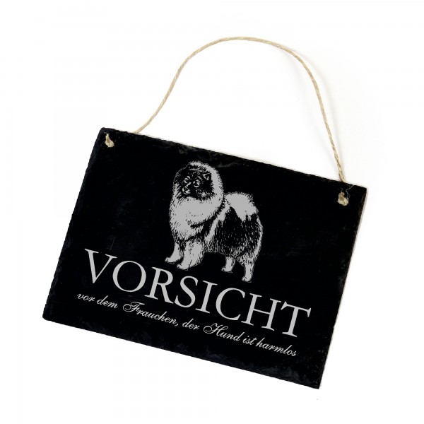 Hundeschild Wolfsspitz Schild aus Schiefer - Vorsicht vor dem Frauchen - 22cm x 16cm