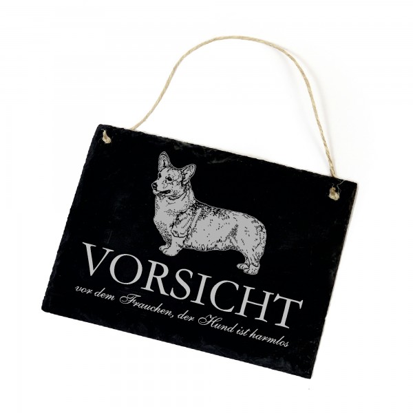 Hundeschild Welsh Corgi Pembroke Schild aus Schiefer - Vorsicht vor dem Frauchen - 22cm x 16cm