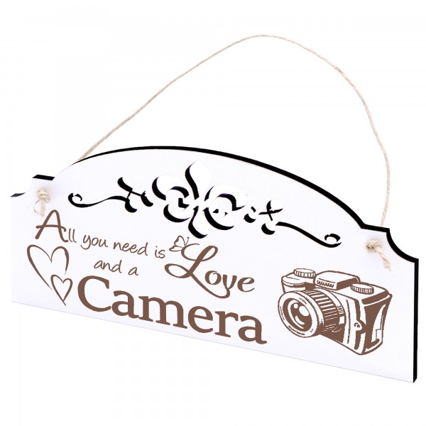 Schild Kamera Deko 20x10cm - All you need is Love and a Camera - Holz