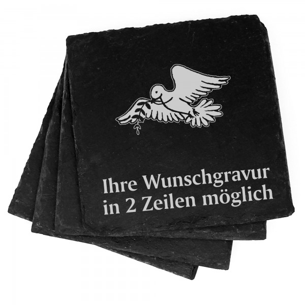4x Taube mit Ast Deko Schiefer Untersetzer Wunschgravur Set - 11 x 11 cm
