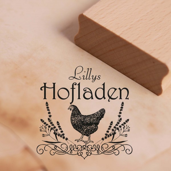 Stempel personalisiert Hofladen mit Name - Motiv Huhn Vintage Ornament - Motivstempel 68x68mm