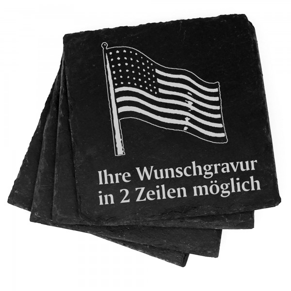 4x Fahne Amerika Deko Schiefer Untersetzer Wunschgravur Set - 11 x 11 cm