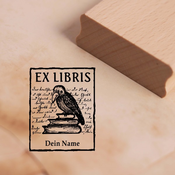 Ex Libris Stempel mit Name - Rabe auf Büchern und alte Schrift Exlibris Motivstempel 38 x 48 mm