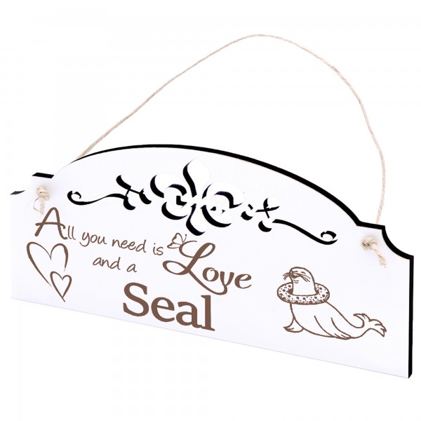 Schild Robbe mit Schwimmreifen Deko 20x10cm - All you need is Love and a Seal - Holz