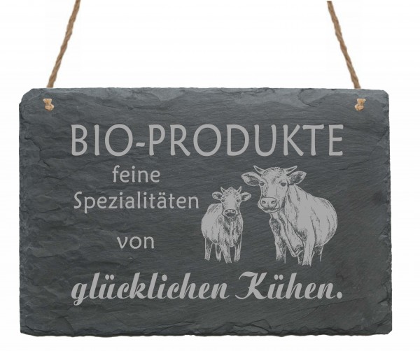 Schiefertafel « Bio Produkte - feine Spezialitäten von glücklichen Kühen » Schild 22 x 16 cm