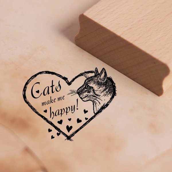 Motivstempel Cats make me happy - Herz Katze Stempel Holzstempel 48 x 38 mm