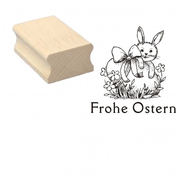 Stempel « FROHE OSTERN 03 » mit Motiv Osterhase Schleife Blumen - ca. 40 x 40 mm