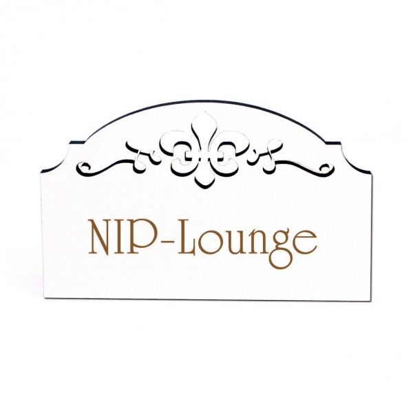 NIP Lounge Schild Holz graviert Ornamente selbstklebend Non Important Person Dekoschild 15,5 x 9,5