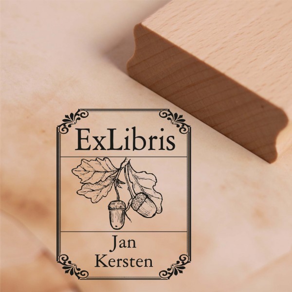 Ex Libris Stempel Eichel mit Name - Vintage Rahmen - Exlibris Motivstempel 38 x 48 mm