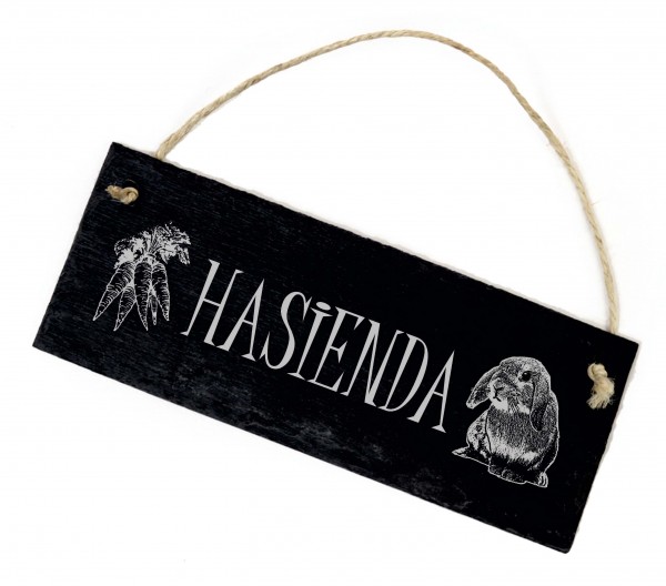 Zwergkaninchen Schild aus Schiefer Gravur - Hasienda - Hasen Kaninchen Stall Türschild 22 x 8 cm