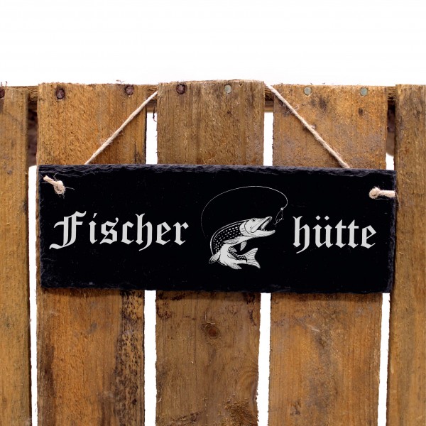 Schiefertafel Fischerhütte - Fisch Hecht Türschild 22 x 8 cm