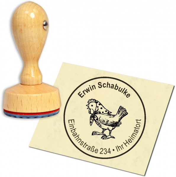 Stempel Adressstempel Holzstempel - Huhn mit Kopftuch - rund 40mm