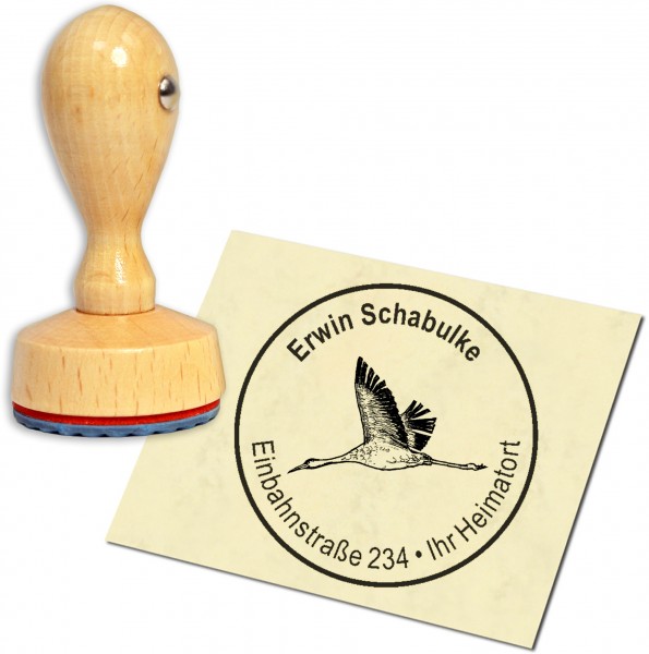 Stempel Adressstempel Holzstempel - fliegender Kranich - rund 40mm