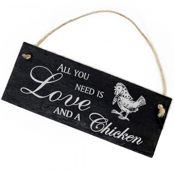 Schiefertafel Deko Huhn mit Kopftuch Schild 22 x 8 cm - All you need is Love and a Chicken