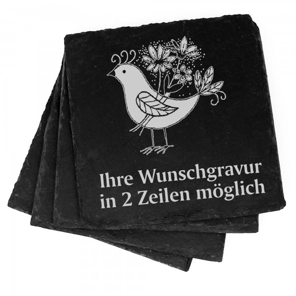 4x Taube Vintage Deko Schiefer Untersetzer Wunschgravur Set - 11 x 11 cm