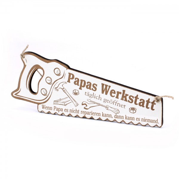 Schild Säge Papas Werkstatt - täglich geöffnet - Türschild Vintage Dekoschild - 24 x 10 cm