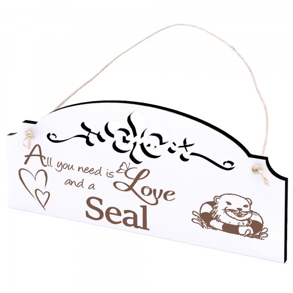 Schild Robbenkopf mit Schwimmreifen Deko 20x10cm - All you need is Love and a Seal - Holz