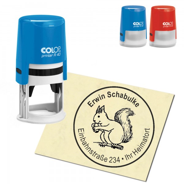 Stempel Adressstempel personalisiert - Eichhörnchen mit Nuss - rund ∅ 40mm