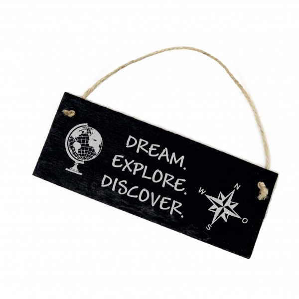 Reisen Schild aus Schiefer Türschild - Dream Explore Discover - Globus Windrose 22 x 8 cm
