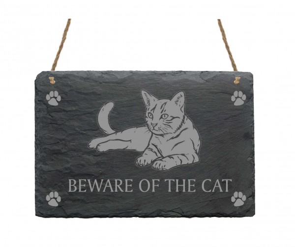 Schiefertafel « Beware of the cat » Katze