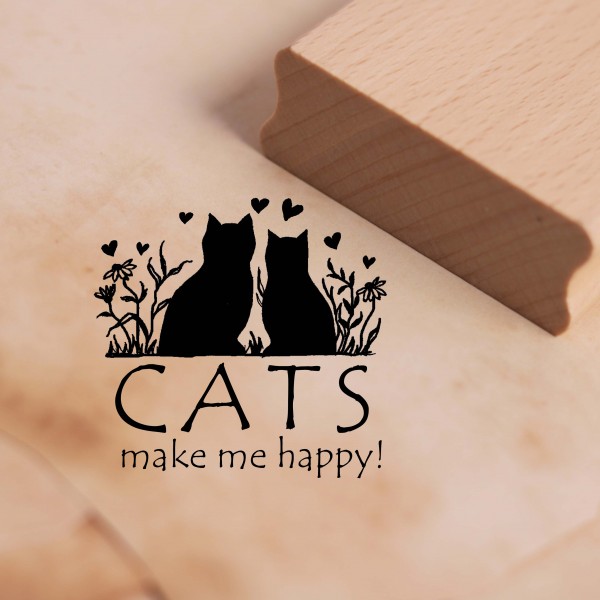 Motivstempel Cats make me happy - Katzen Herzen Stempel Holzstempel 38 x 38 mm